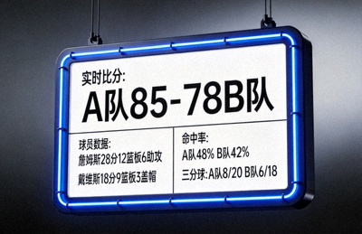 篮球比赛数据统计屏幕，展示实时比分与球员技术数据